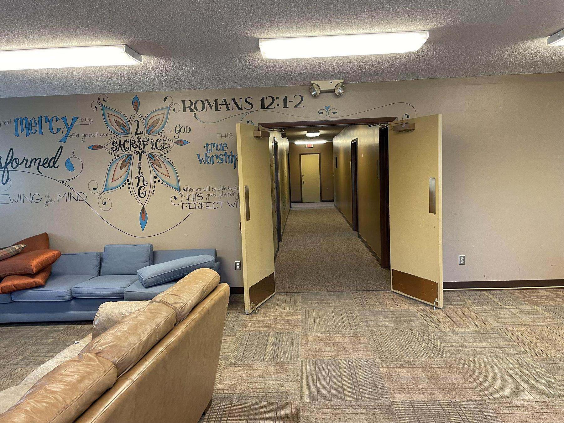 Hallway with murals, Bible Church Remodel