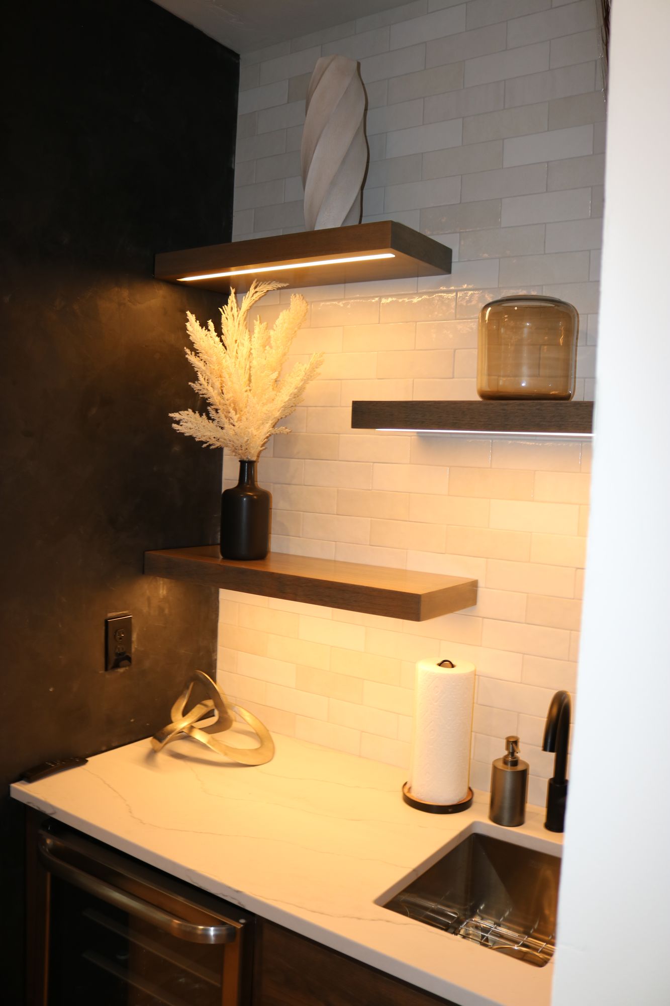 Wet bar with floating shelves, Millview Renovation