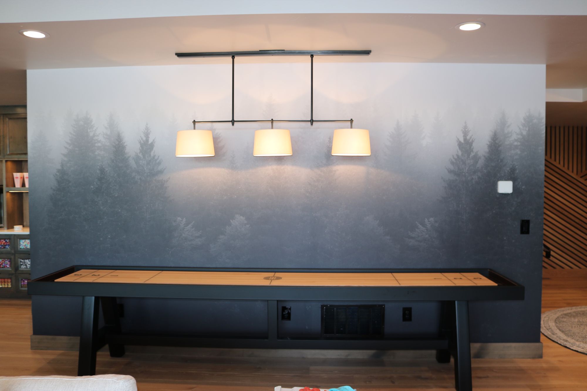 Basement game room with a shuffleboard table, Millview Renovation