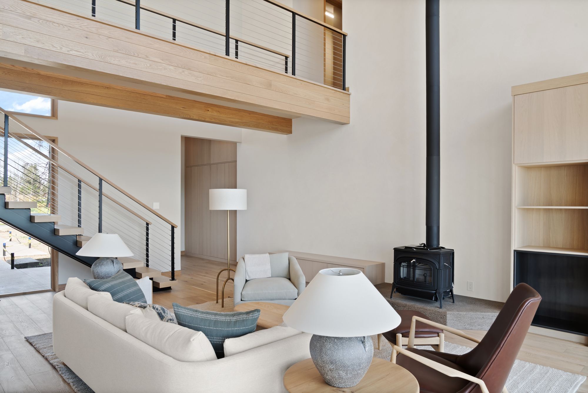 Living room with a wood stove, Silver Lake