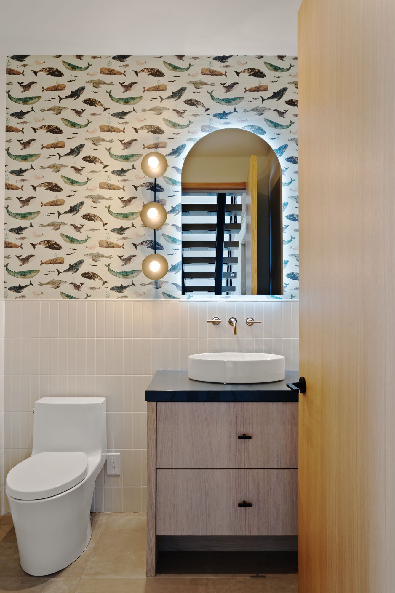 Powder room with patterned wallpaper, Silver Lake