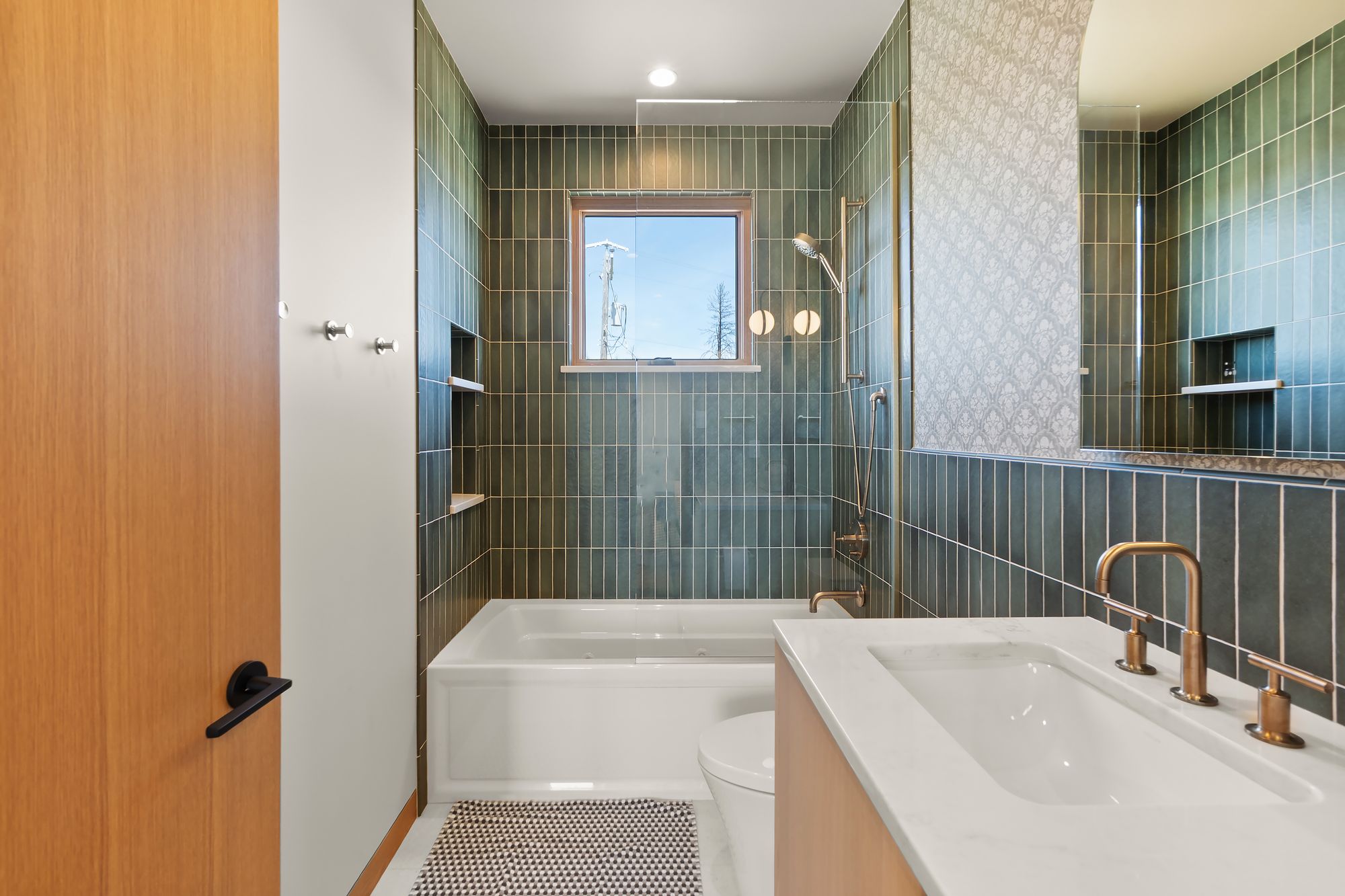 Bathroom with green tile shower, Silver Lake